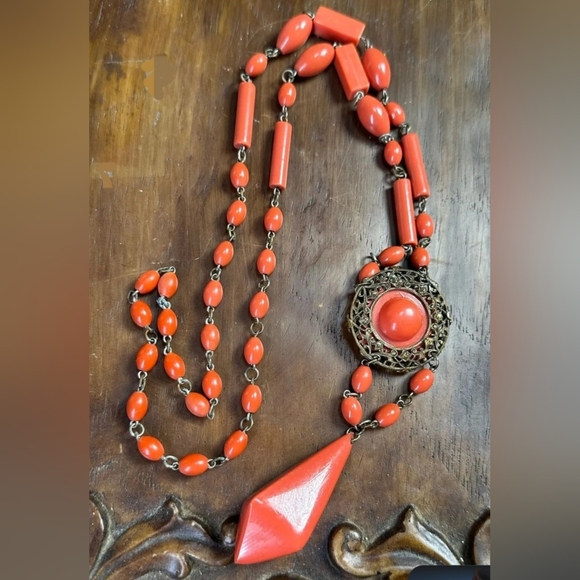 Jewelry - Antique Vintage 1920s Art Deco Coral Celluloid Flapper Necklace